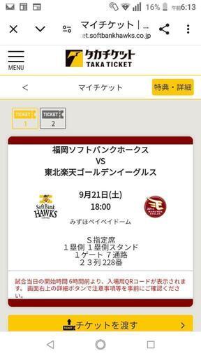 本日のホークス戦S指定席チケット