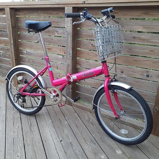 タイヤサイズ20×1.75 折りたたみ自転車 ピンク紫 ６段ギヤ付き かごは取り外しやすいタイプ