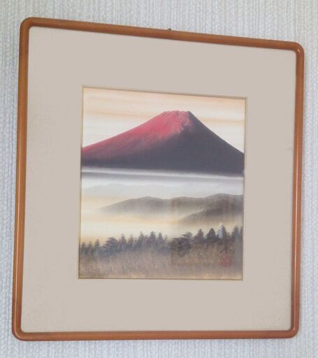 青柳大雲 「 赤富士 」 日本画 (額付き)  約41×44cm