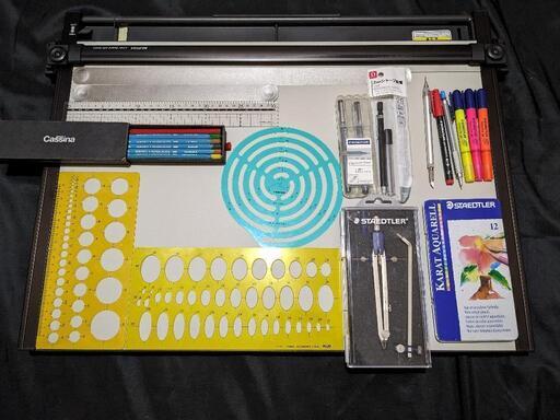 美品 MUTOH ムトー ライナーボードUM-06N3 平行定規 A2 製図版　STAEDTLER等のセット商品付き 文房具 鉛筆 コンパス シャープペン