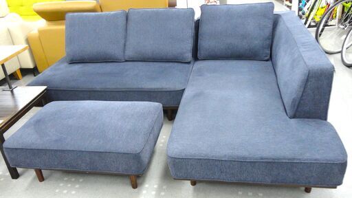 ★オットマン付き★ファブリックカウチソファー　青　L字ソファー　コーナーソファー大型ソファー【モノ市場半田店】