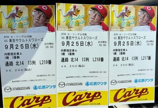 急募9月25日ヤクルト戦3枚込込連番、3塁側通路側出入楽々