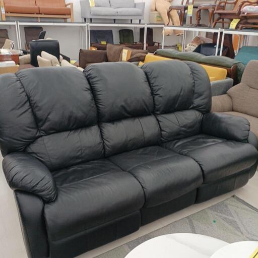 ★ジモティ割あり★リクライニング3Pレザーソファー　BK　高さ（H)100×幅（W)190×奥行(D)93cm【joh2571】