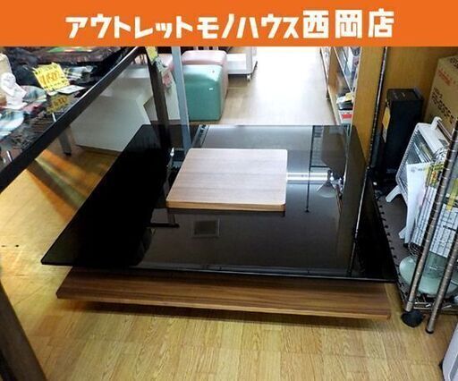 センターテーブル LOWYA 幅100㎝ スクエア型 ガラス天板 黒×茶 ローテーブル リビングテーブル 西岡店