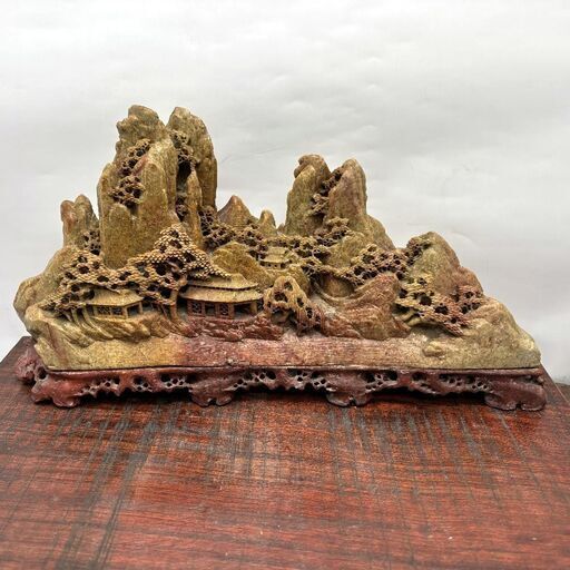 寿山石 楼閣山水 細密彫刻 中国美術 置物 41cm◆取りに来て頂ける方♪