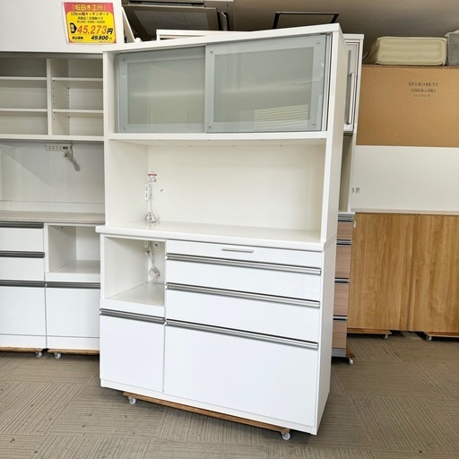 【超美品‼️】定価24万♪ 松田家具 118cm幅キッチンボード 食器棚 収納家具 鏡面仕上げホワイト♪