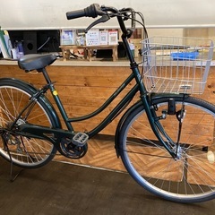 【前輪タイヤ・ダイナモライト新品！】シングルギア　26インチ自転車　モスグリーン 前輪タイヤ・後輪チューブ新品！】ダイナモライト 6段変速 26インチ