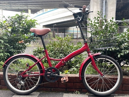 中古車キレイ✨折畳自転車　SHIMANO/外装6段変速　レッド　かご付き☆　ワイヤー錠付☆　中古自転車　整備済