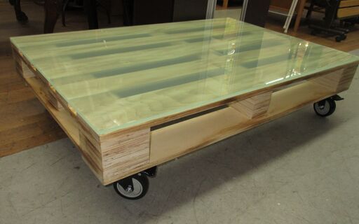 R203 不二貿易 トップガラスパレット型ローテーブル、リビングテーブル、幅120cm Used・美品