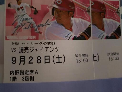 【取引終了】マツダスタジアム9月28日(土)内野指定A3塁側2枚