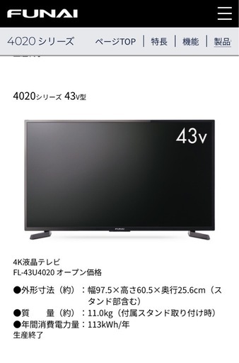 43インチ　液晶テレビ　FL-43U4020