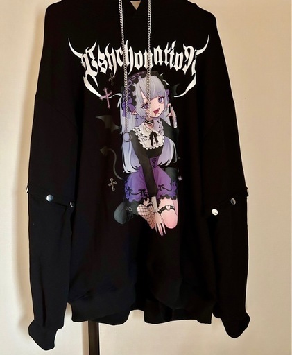 寝田ルネ×PSYCHO NATION(サイコネーション)デビルパーカー 黒色 地雷系 3Wayパーカー コラボ品 メンズレディース