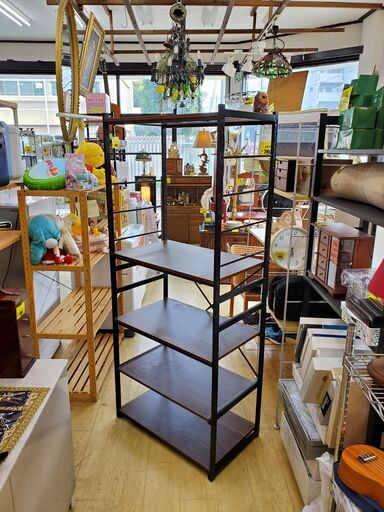 横幅75cm レンジ台 棚板可動式 スライドテーブル スチールフレーム(ブラック)×木製棚板(ブラウン) レンジボード キッチンボード 奥行45cm×高さ179cm■近隣配送無料 買取帝国 朝霞店