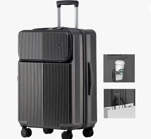 新品未使用☆ネット価格¥14800 [Spyplan] キャリーケース スーツケース 黒【L】78リットル 大容量 軽量 キャスター ストッパー付き フロントオープン パソコンケース付き 手荷物フック付き カップホルダー付き ジッパータイプ TSAロック搭載 360度回転 人気 頑丈 長期滞在 出張 旅行 入院 4泊5泊6泊 灰黒