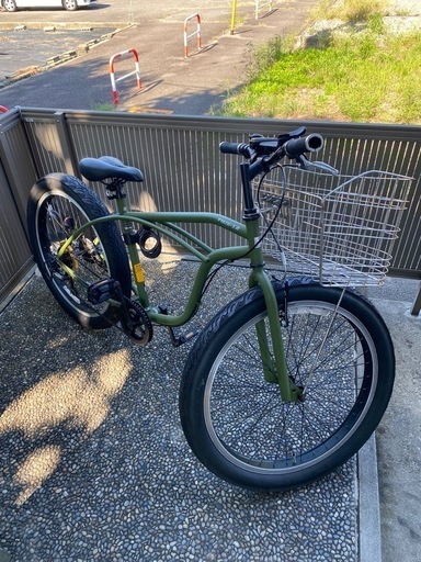 オリーブグリーン ビーチクルーザー 自転車 本体 前バスケット付き