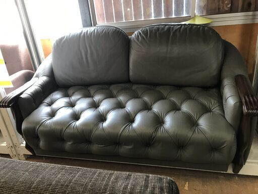 【FU977】★本皮2人用ソファー グリーン系 家具 クリーニング済 堺市 深井 【ジャングルジャングル深井店】