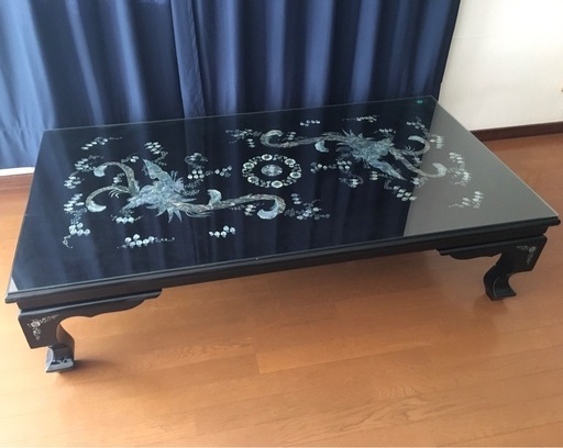 螺鈿細工 座卓 テーブル ガラス天板付き 黒漆 ローテーブル センターテーブル
