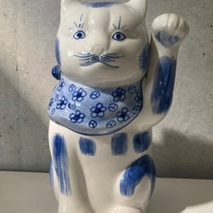 九谷焼 招き猫 青磁 猫置物