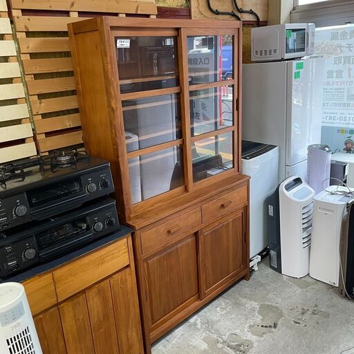 店頭持ち帰り限定価格ガラスキャビネット 天然木チーク無垢材 キッチン中古収納家具 食器棚