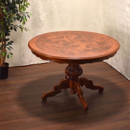 ≪yt1625ジ≫ アンティーク調 木象嵌ラウンドテーブル 直径120cm イタリア/丸テーブル/クラシック家具/メロンバルブ/バルボス/猫脚/ヴィンテージ家具/中古家具/宮城県仙台市 60823-08