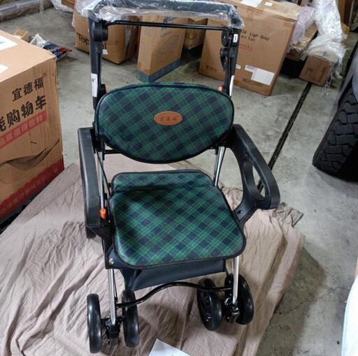 407fk 【未使用品・開封品】シルバーカー 座れる 軽量 折り畳み 4輪 手押し車 アルミ製 新型ブレーキ カゴ付 グリーンチェック柄(CP-005B)　y100413fk