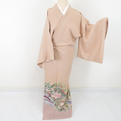 本加賀友禅 色留袖 江波秀明 山並みに花鳥文様 茶ベージュ色 作家物 落款入 正絹 袷 広衿 一つ紋 フォーマル 本場加賀友禅染 仕立て上がり 身丈161cm 本加賀友禅 色留袖 江波秀明 山並みに花鳥文様 茶ベージュ色 作家物