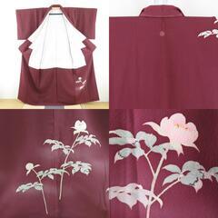 付下げ 加賀友禅 沢飯芳雄 手描き友禅 落款入り 華文様 一つ紋 ぼかし染め エンジ色 袷 広衿 正絹 仕立て上がり着物 身丈158cm