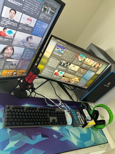 ゲーミングPC、モニター×2 マウス、マウスパッド、キーボード、マイク、ヘッドセット、イヤホン　セット