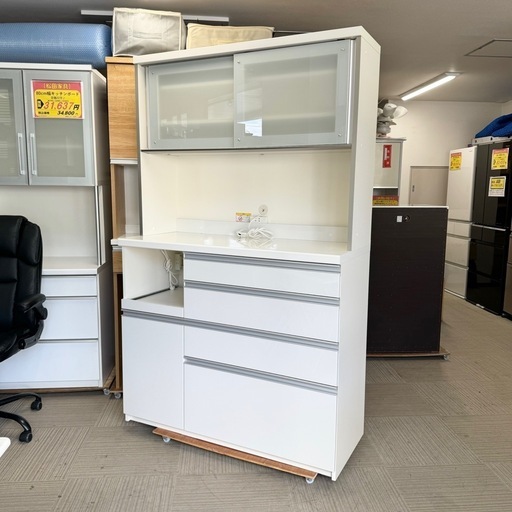 【超美品‼️】高級♪ パモウナ 120cm幅キッチンボード 食器棚 収納家具 鏡面仕上げホワイト♪