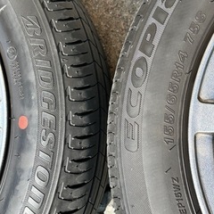 【㊗️ご成約🎊】【ダイハツ L375S タント からの取り外し 社外品14インチアルミホイール 美品 155/65R14 BRIDGESTONE 残り溝ありタイヤ付き4本セット】アルミホイールは 14X4,5J ・ INSET45