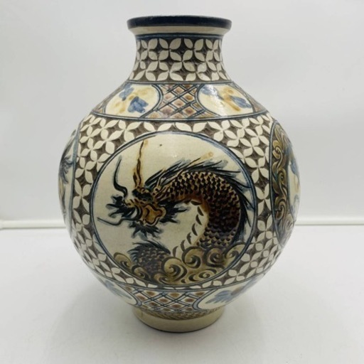 【✨現品限り✨】兼嶋 靖造やちむん大花瓶 共箱 龍・魚・シーサー紋