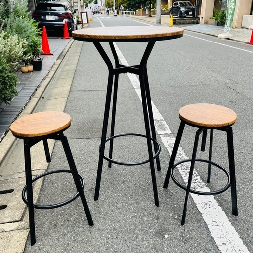 【武蔵小山店】  カウンターセット　カウンター　セット　ラウンド　丸　アイアン　ハイチェア　ハイカウンター　スタンディング　ハイタイプ　スツール　調整　木目調