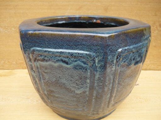 陶器火鉢　八角型・海鼠釉　メダカ入れ・睡蓮鉢