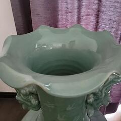 青江陶芸 光玉窯 李明培作 青磁大壷 網目二重透かし模様 龍耳 鶴紋 共