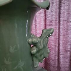 青江陶芸 光玉窯 李明培作 青磁大壷 網目二重透かし模様 龍耳 鶴紋 共