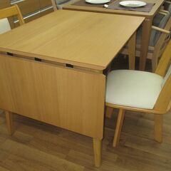 R015安井家具バタフライ式テーブル＆NITORI 回転式椅子3点セット、幅90cm・130cm Used R015安井家具バタフライ式テーブル＆NITORI 回転式椅子3点セット、幅
