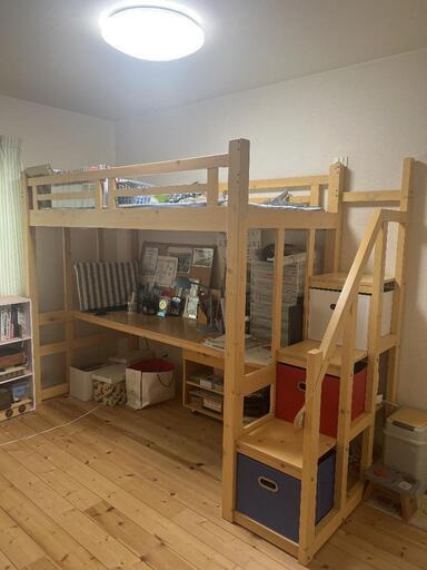 【完売御礼】ロフトベッド システムベッド 階段 学習机 机付 デスク付き ハイタイプ 子供 大人 木製 シングルベッド 本立て ハイベッド システムハイベッド ベッドフレーム 一本柱 ナチュラル 子供部屋 手すり付き