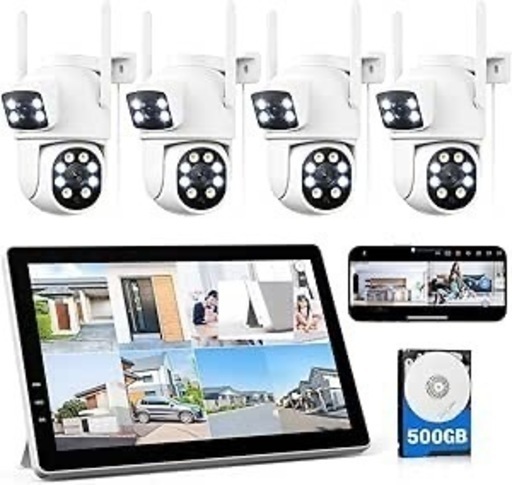 CAMCAMP 防犯カメラ 屋外 ワイヤレス、10インチモニタ一体型NVR 監視カメラ 4台セット 400万画質、二重レンズ 双眼カメラ [2.4 Ghz/5Ghz対応可能] 二つ監視画面 録画機能付き 遠隔監視、カラーフル暗視、アプリ通報可能 ネット環境不要 動態検知 センサーカメラ、工事不要、10チャンネルまで増設可 屋外／室内、パソコン／スマホ対応可能、500GHDD内蔵 防水等級IP66