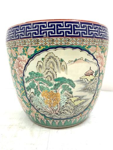 火鉢 金魚鉢 陶器 アンティーク 風景画 中国 茶道具 骨董品 工芸品
