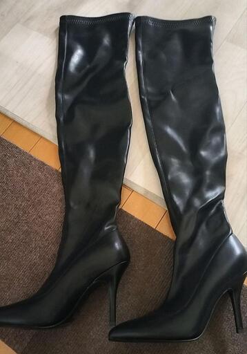新品　定価￥12800　レザー　ストレッチ　ニーハイ　ピンヒール　ロング　ブーツ　黒　24.0