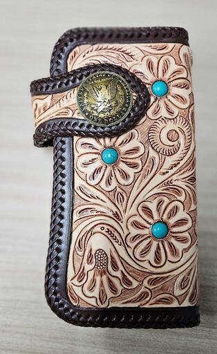 ハンドメイド レザー 長財布 花柄 ターコイズ装飾