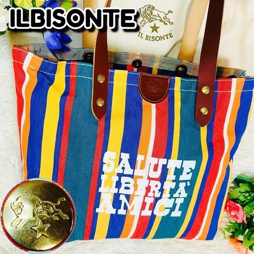 極美品●IL BISONTE●イルビゾンテ●ストライプ●マルチ●本革●レザー●トートバッグ●ショルダーバッグ●メンズ●レディース