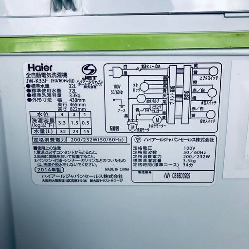 ID:sd25684 ハイアール Haier 洗濯機 一人暮らし 中古 2014年製 全自動洗濯機 3.3kg ホワイト 送風 乾燥機能付き JW-K33F  【リユース品：状態A】【送料無料】【設置費用無料】