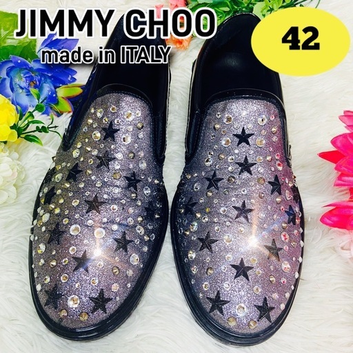 27cm●JIMMY CHOO●ジミーチュウ●スリッポン●グリッター●スタッズ●星●スター●シルバー●メンズ●スニーカー●イタリア