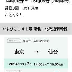 新幹線チケット２枚東京→仙台