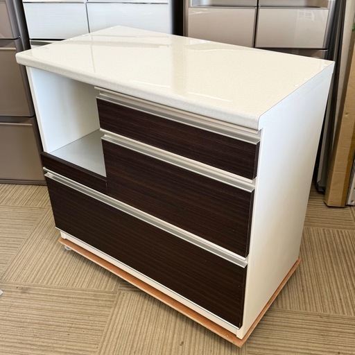 【超美品‼️】日本製♪ ユーアイ 89cm幅キッチンカウンター 食器棚 収納家具 レンジボード 木目調ダークブラウン♪