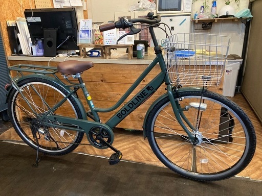 【チェーン新品！】 LEDダイナモ　6段変速　27インチ自転車　モスグリーン チェーン新品！LEDオートライト】6段変速 27インチ自転車 モスグリーン