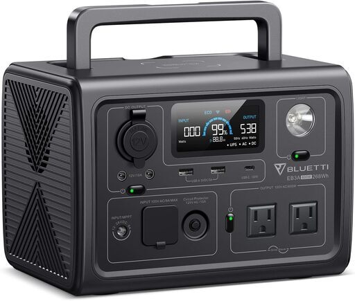 新品未開封品 BLUETTI ポータブル電源 EB3A 268Wh/600W APP遠隔操作 EPS機能付き 電力リフト機能付 エコモード機能搭載 リン酸鉄リチウム 純正弦波 MPPT制御方式採用 家庭アウトドア両用バックアップバッテリー キャンプ/車中泊/防災グッズ LEDライト付き ソーラー充電 AC100V 50Hz/60Hz対応