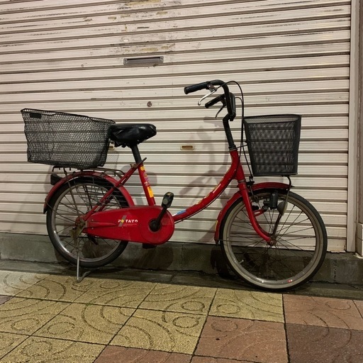 整備済み★ 自転車 ママチャリ 変速無 20インチ カゴ前後 レッド
