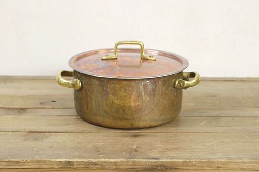 ヴィンテージ デンマーク krogarhuset 銅鍋 蓋付き 真鍮 両手鍋 16cm